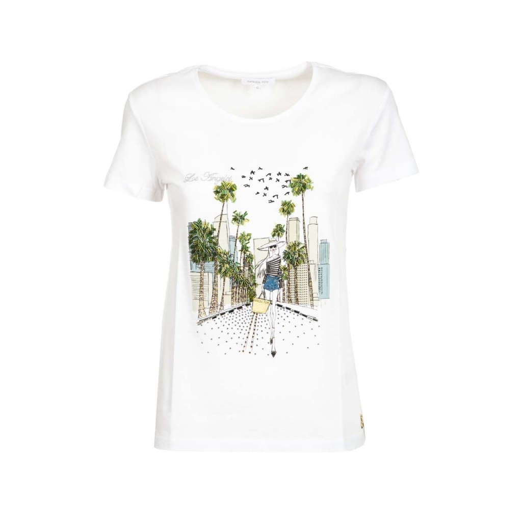 PATRIZIA PEPE - T-Shirt bianca con stampa citt e strass XU18BIANCO/ |  Bowdoo.com