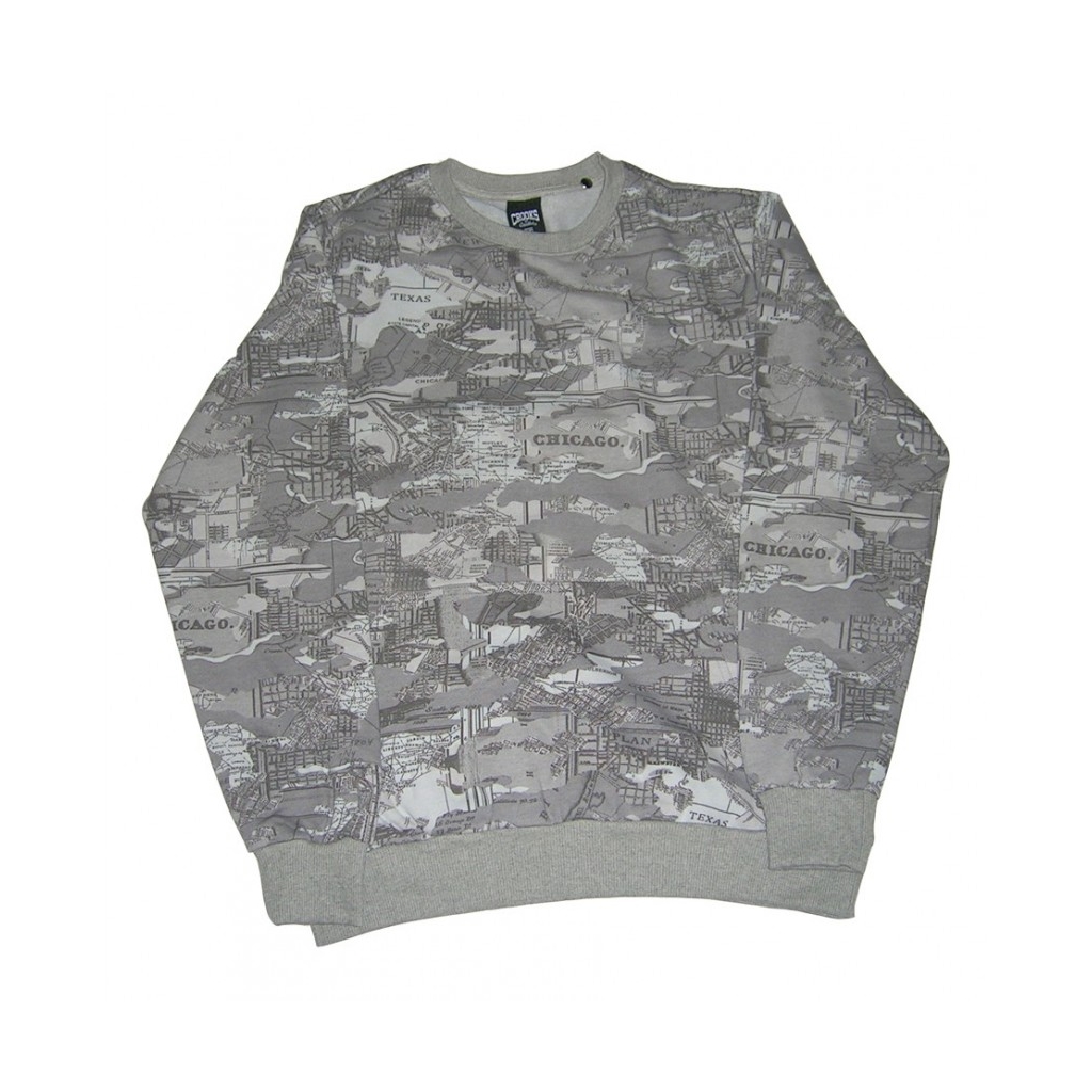 FELPA GIROCOLLO CROOKS  CASTLES SWEATSHIRT CREWNECK TACTICS Grey Map Camo unico