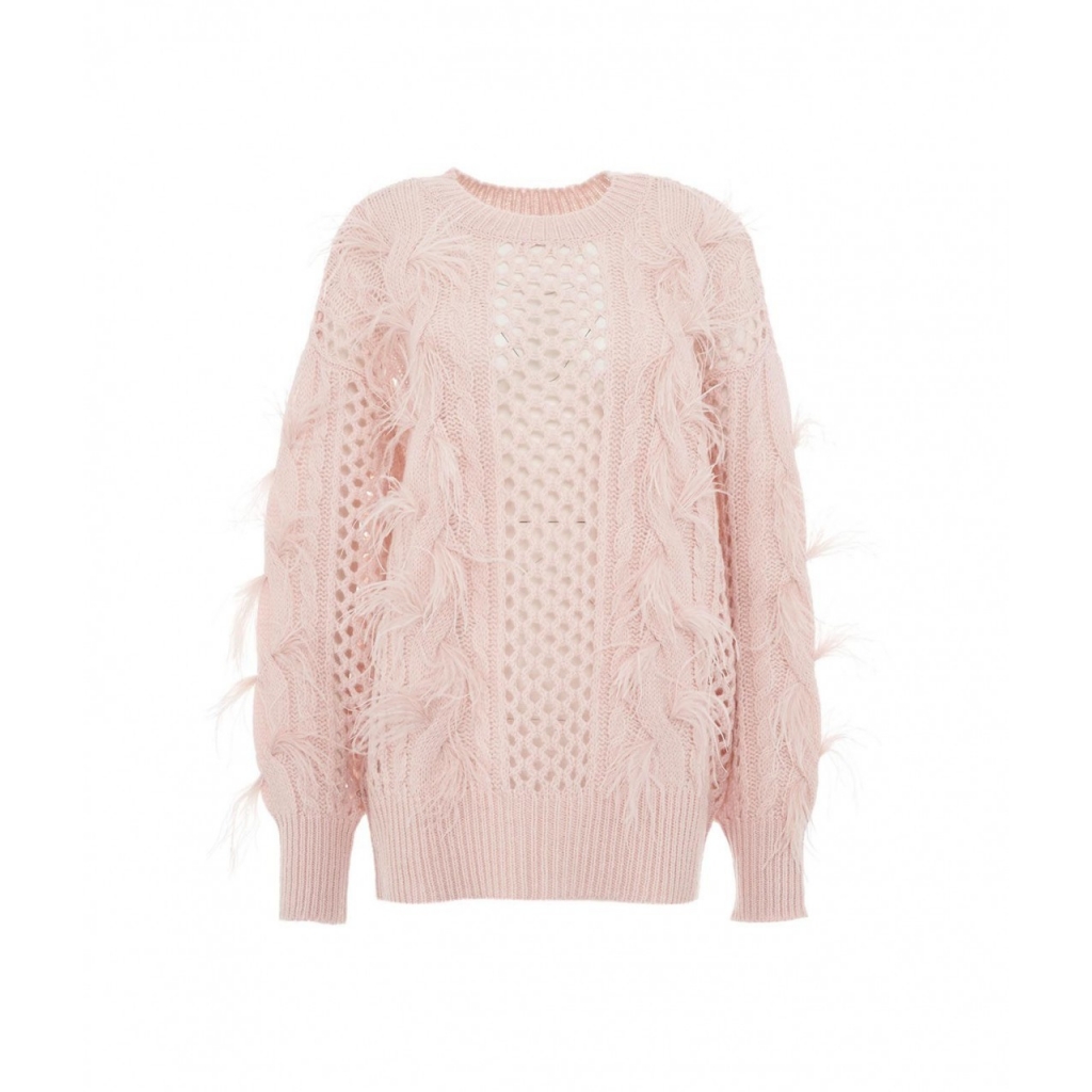 Maglia con trecce e piume rosa