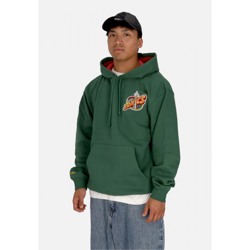 felpa cappuccio uomo nba premium fleece vintage logo hoodie shawn kemp seasup BUCKS GREEN