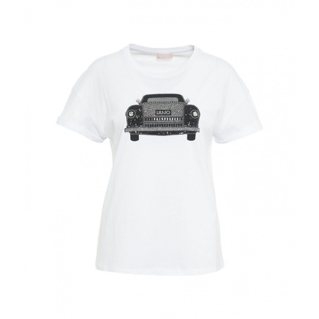 T-shirt in jersey con strass bianco