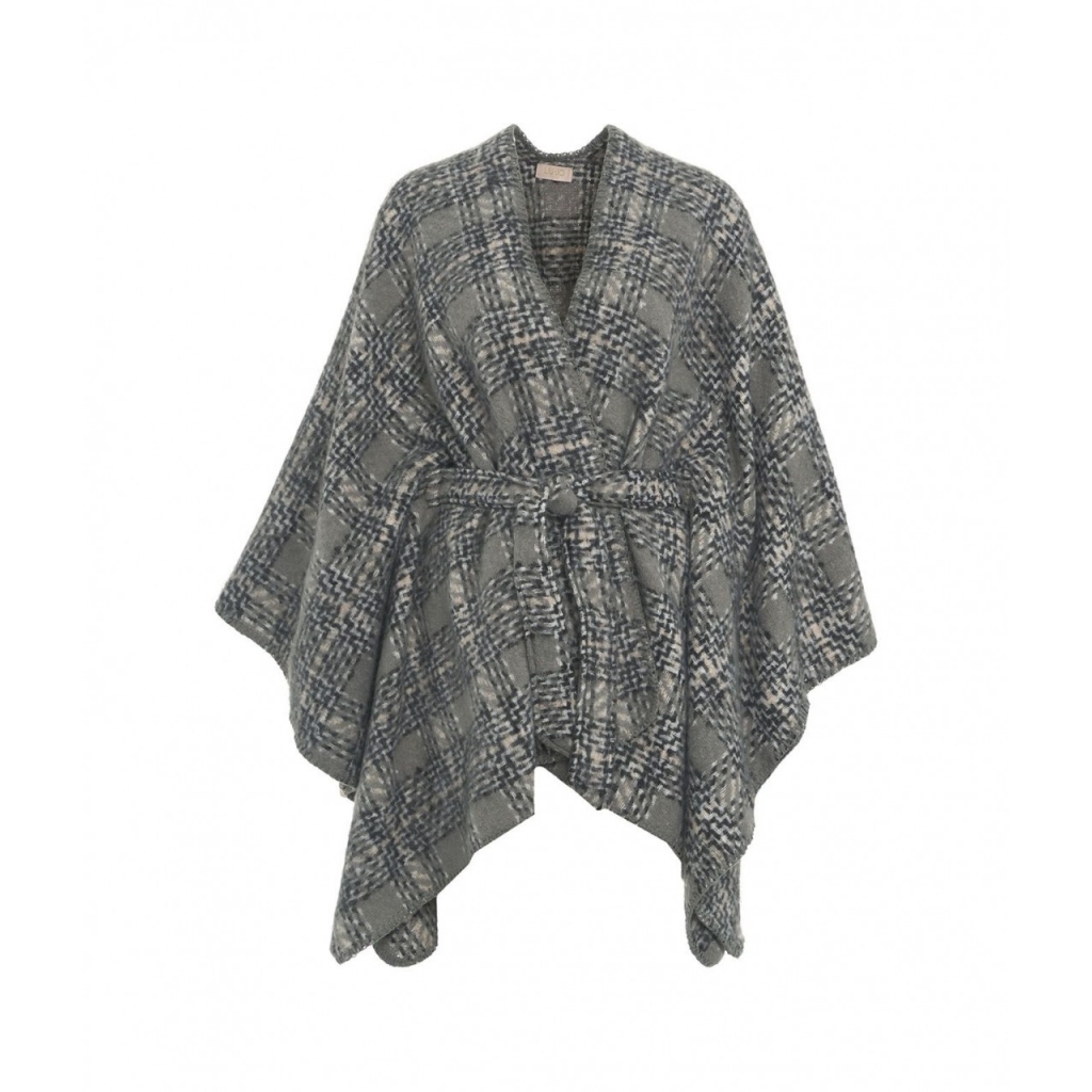 Poncho pied de poule con cintura grigio