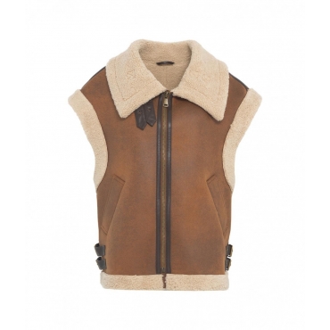 Gilet in ecopelle con teddy marrone