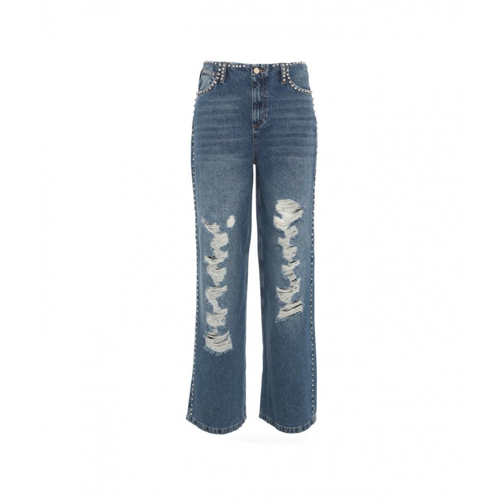 Wide leg jeans con strass azzurro