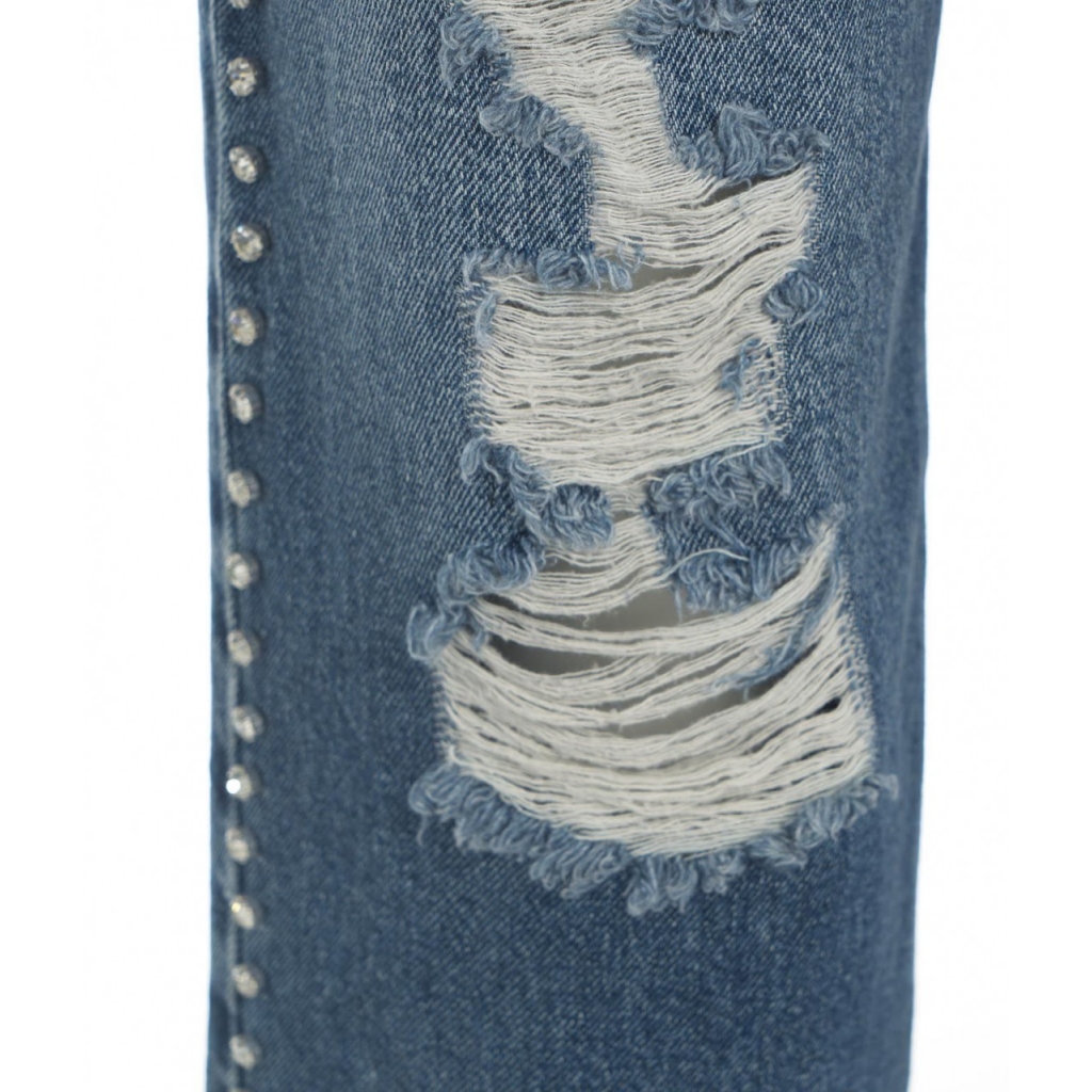 Wide leg jeans con strass azzurro