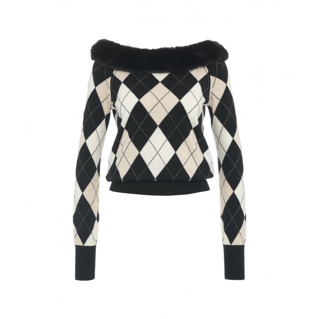 Maglia argyle con collo in pelliccia eco nero