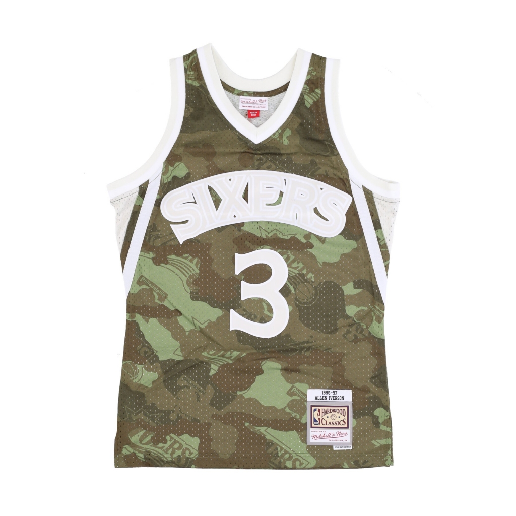 canotta basket uomo nba ghost green camo swingman jersey hardwood classicsno 3 allen iverson 1996-97 phi76e CAMO/GREEN