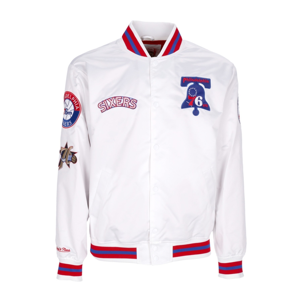 giubbotto bomber uomo nba hometown lw satin jacket hardwood classics phi76e WHITE