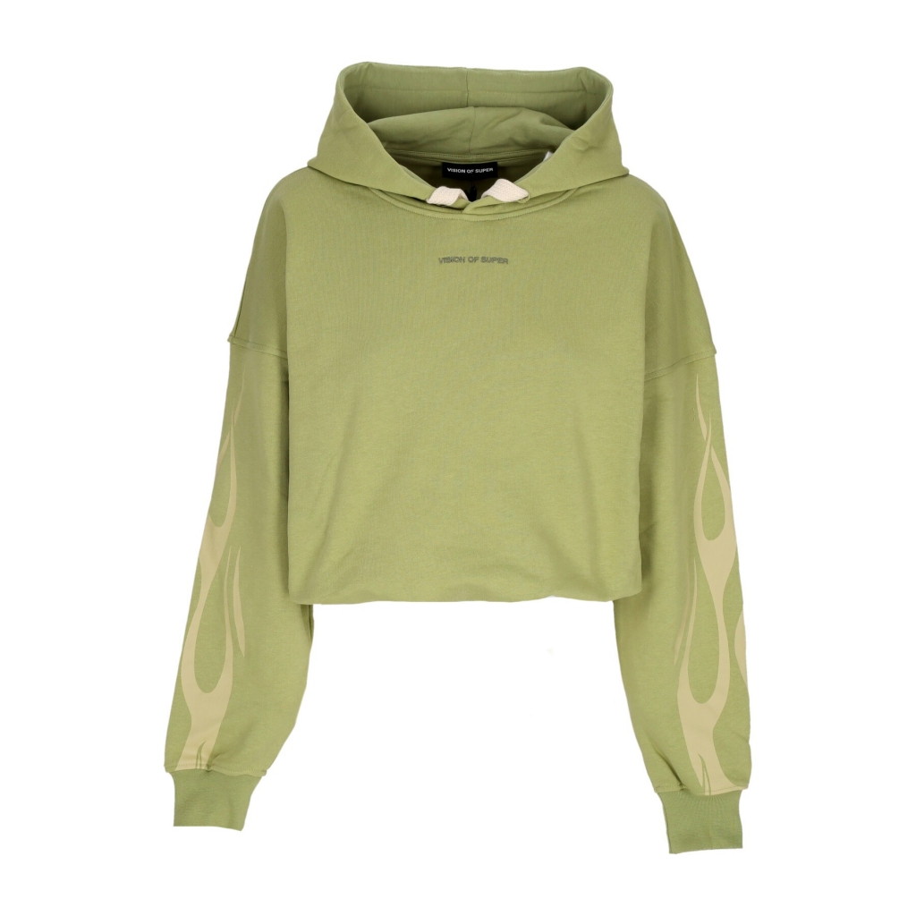 felpa leggera cappuccio corta donna flames crop hoodie GREEN/OFF WHITE