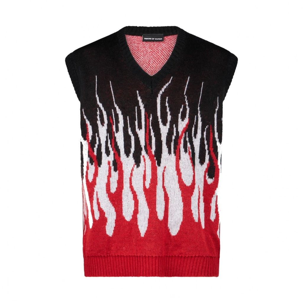 pullover smanicato uomo jacquard flames gilet BLACK/WHITE/RED