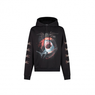 felpa leggera cappuccio uomo shark print hoodie BLACK