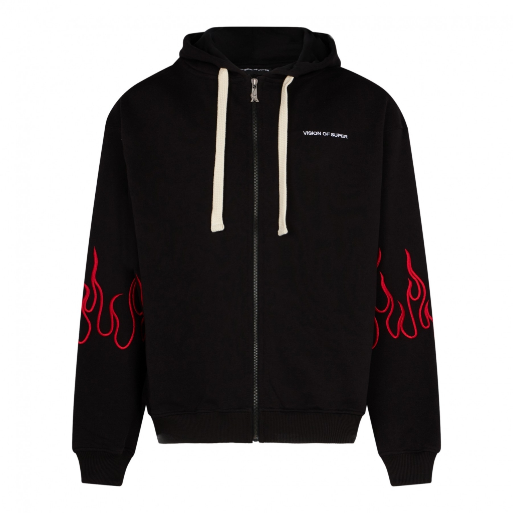 felpa leggera cappuccio zip uomo embroidered flames zip hoodie BLACK/RED