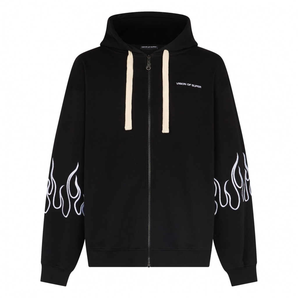 felpa leggera cappuccio zip uomo embroidered flames open hoodie BLACK/WHITE