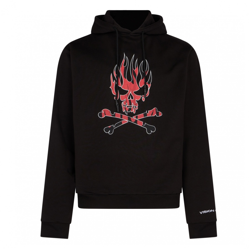 felpa leggera cappuccio uomo skull print hoodie BLACK/RED