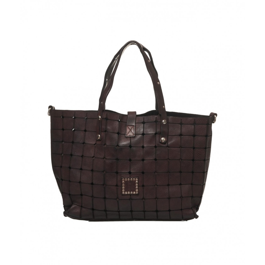 Shopper in pelle con borchie marrone scuro