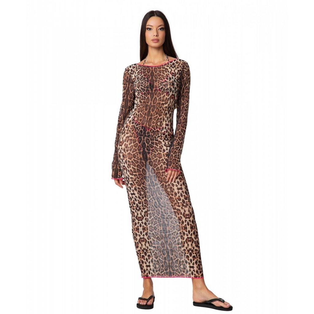 Maxi Kleid aus Tll mit Animalprint Braun