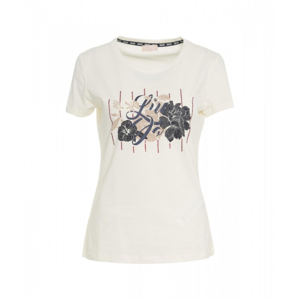 T-shirt con stampa e strass beige