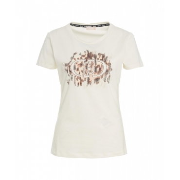 T-shirt con stampa e strass beige