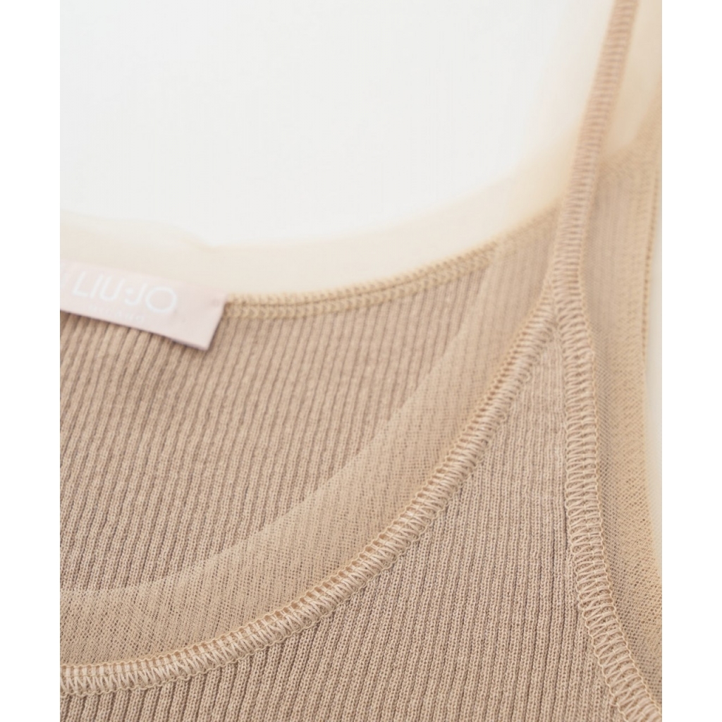 Top con inserti in tulle beige