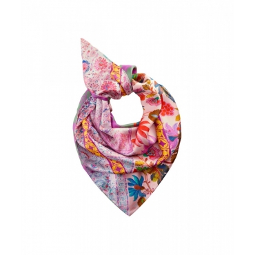 Foulard triangolare in seta con stampa floreale rosa