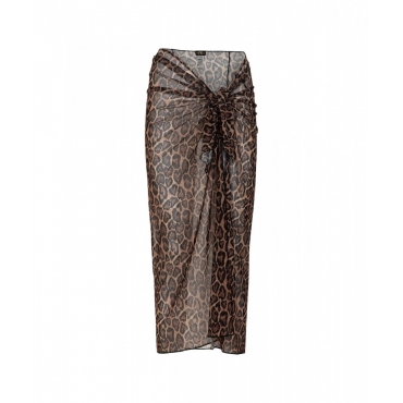 Pareo in tulle con stampa animalier marrone