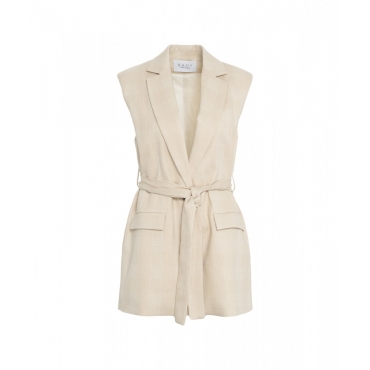 Gilet glencheck con cintura in vita beige