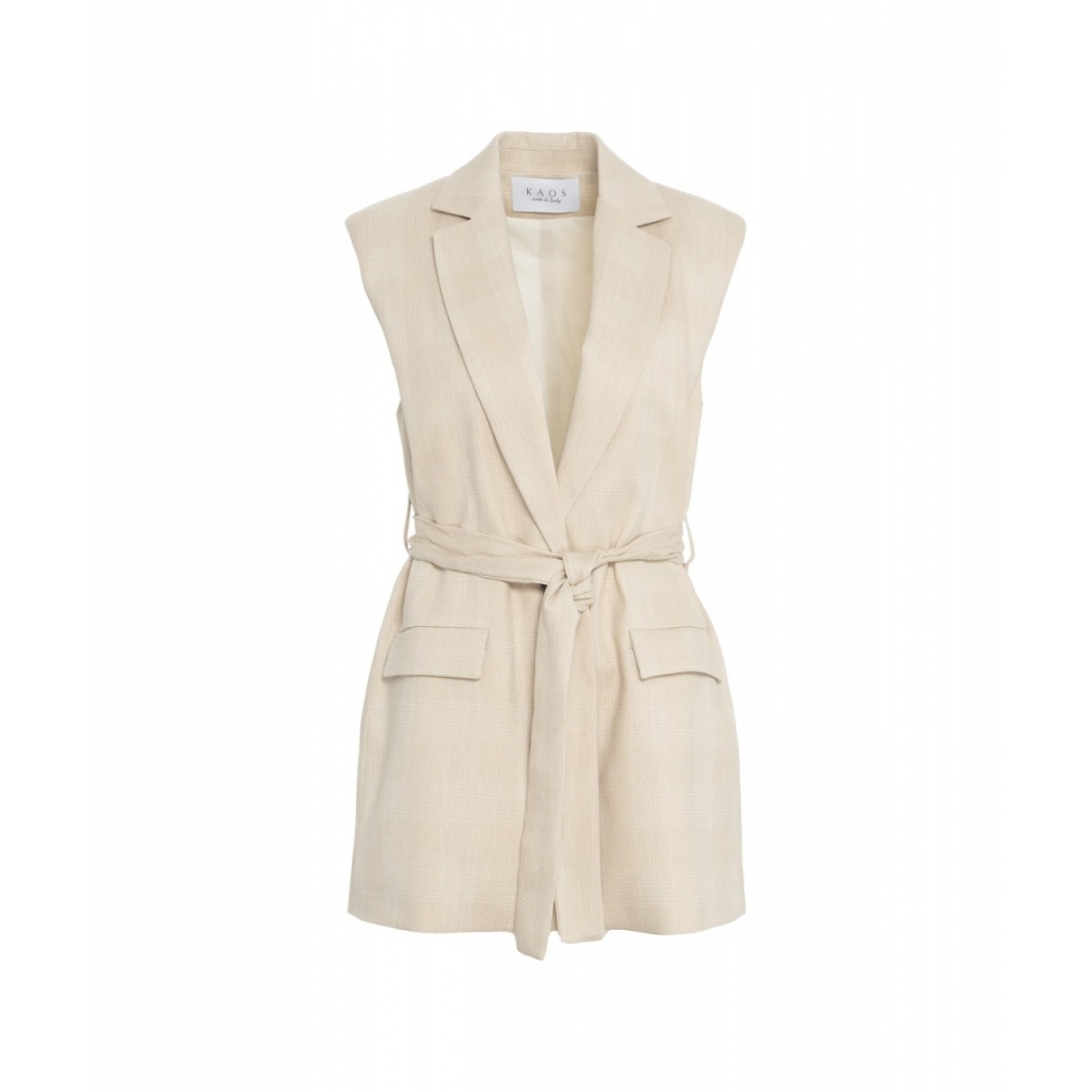 Gilet glencheck con cintura in vita beige