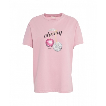 T-shirt con stampa e strass pink