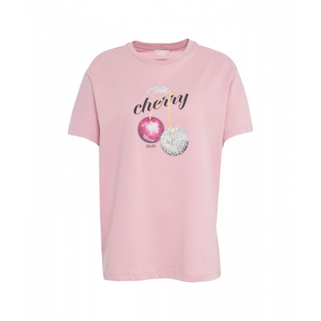 T-shirt con stampa e strass pink