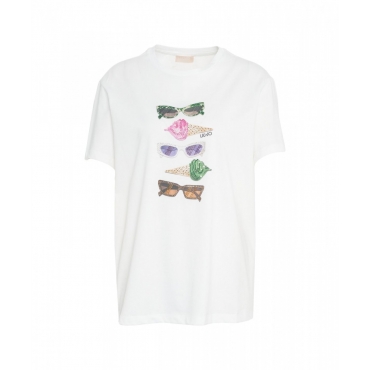 T-shirt con stampa e strass bianco